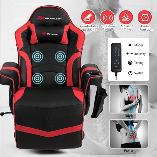 POWERSTONE Gaming Recliner Massage Gaming Chair with Footrest Ergonomic PU Leather Single Sofa with Cup Holder Headrest and Side Pouch, Adjustable Living Room Chair Seating, Black