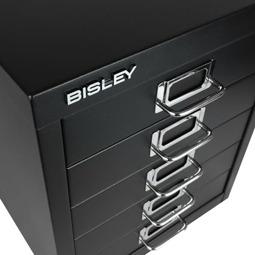 Bisley 10-Drawer Steel MultiDrawer Cabinet - Black, Chrome Pull Handles with Label Holders, Powder-Coated Steel, Removable Drawers, Fits Under Most Desks, Labels Included