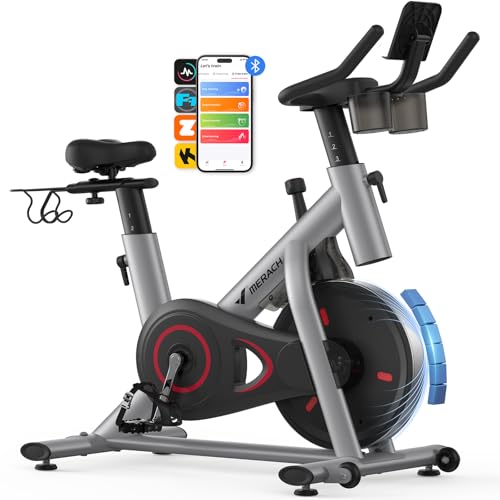 MERACH Exercise Bike, Brake Pad Stationary Bike with Exclusive App, Low Noise Indoor Cycling Bike with 300lbs Weight Capacity, Tablet Mount and Fitness Courses for Weight Loss