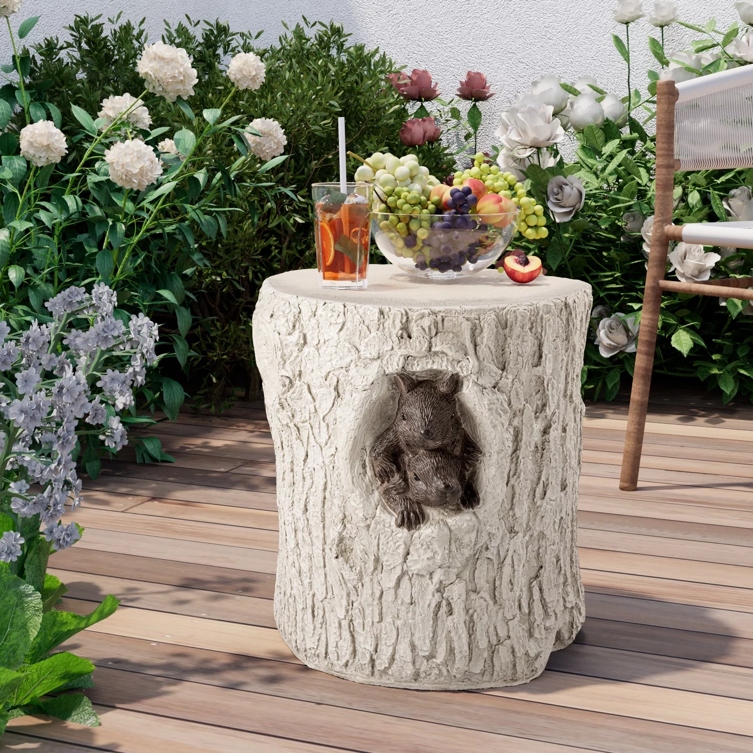 COSIEST Outdoor Hand-Painted Wood Stump Stool w Sculpted Squirrel