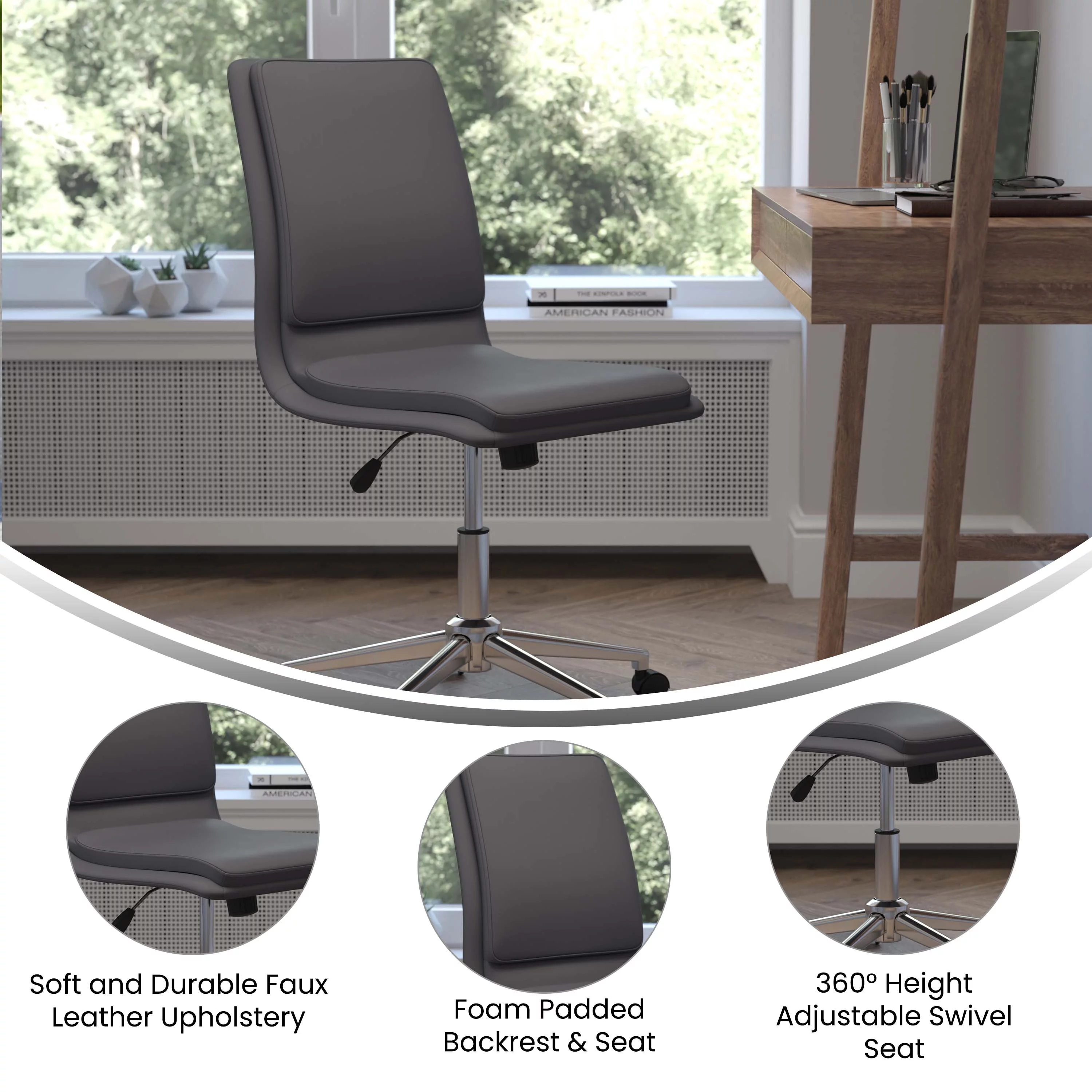 BizChair Mid-Back Armless Swivel Task Office Chair with LeatherSoft and Adjustable Chrome Base, Gray