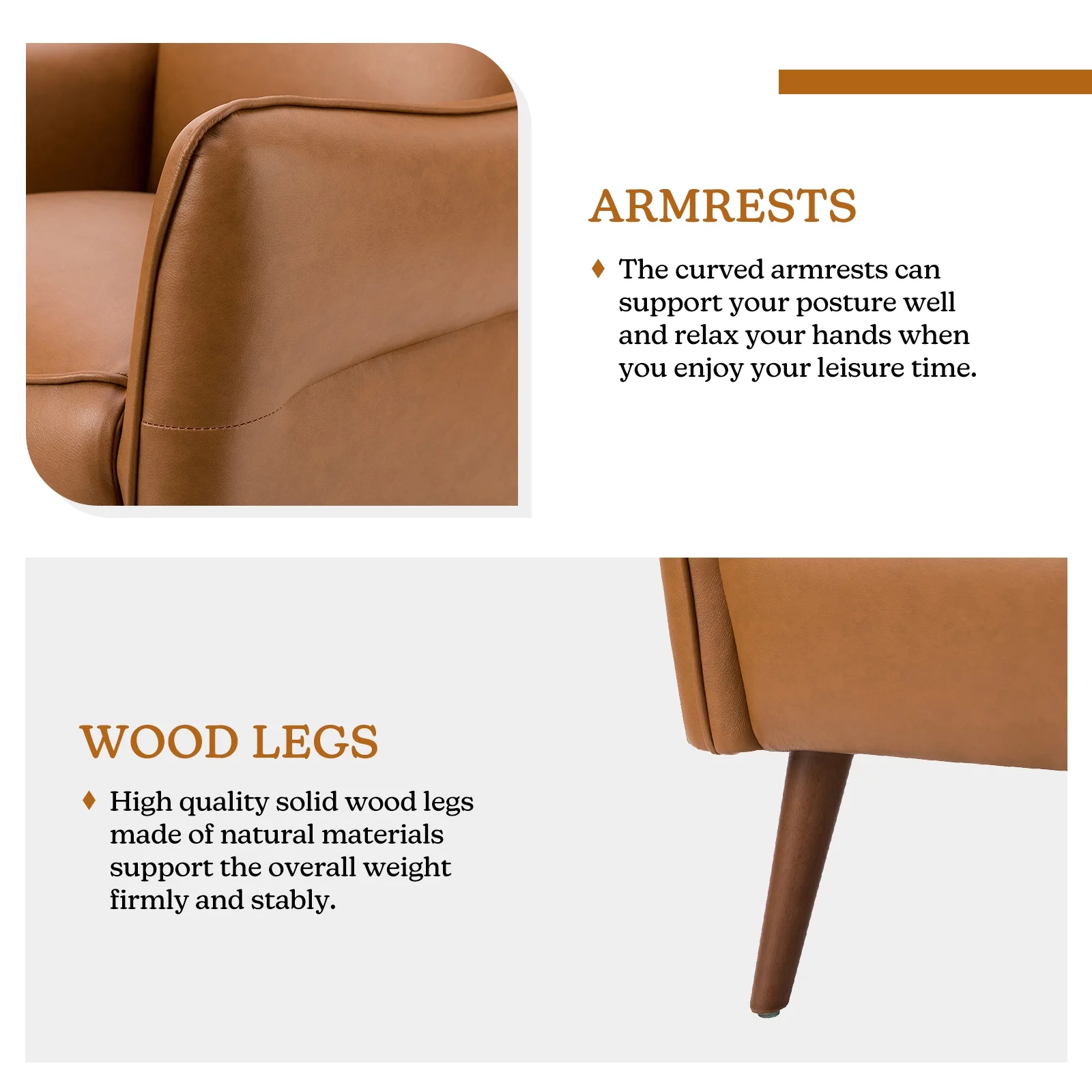 Faux Leather Upholstered Accent Chair Set of 2 Tufted Armchair Lounge Sofa Wood Legs Living Room Office Camel