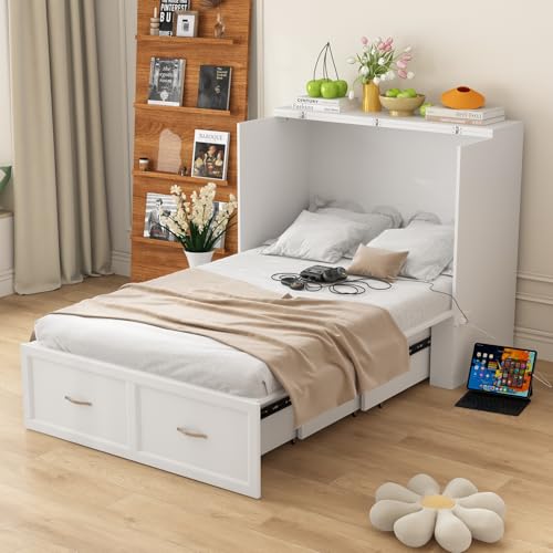 Twin Size Murphy Bed with Built-in Charging Station, 2-in-1 Bed Chest with Large Drawer, Space-Saving Foldable Cabinet Bed Frame for Bedroom Guest Room Office, White