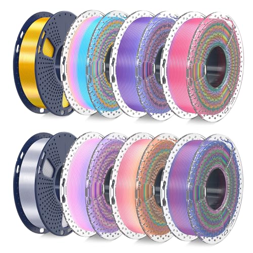 SUNLU 3D Printer Filament Bundle, PLA Silk Rainbow Filament Multicolor, Fast Color Change Each 8 Meters, Individually Vacuum Packed, 250g Spool, 8 Rolls, 2kg Total, 6 Silk Rainbow+Light Gold+Silver