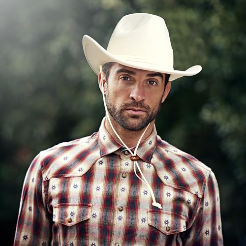 Lanzom Women Men Retro Felt Wide Brim Western Cowboy Cowgirl Hat Dress Up Hat with Wind Lanyard