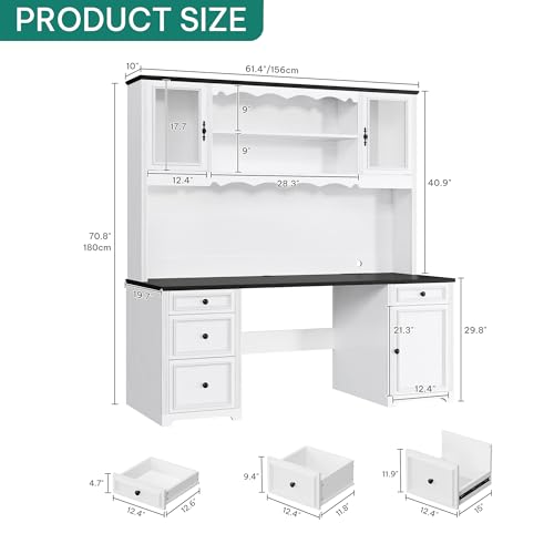 YITAHOME Executive Desk with Hutch and Drawers, Farmhouse Wood Computer Desk with Power Outlet & LED Lights, Home Office Desks with Storage Shelves, Storage Cabinet with Glass Door, White & Black