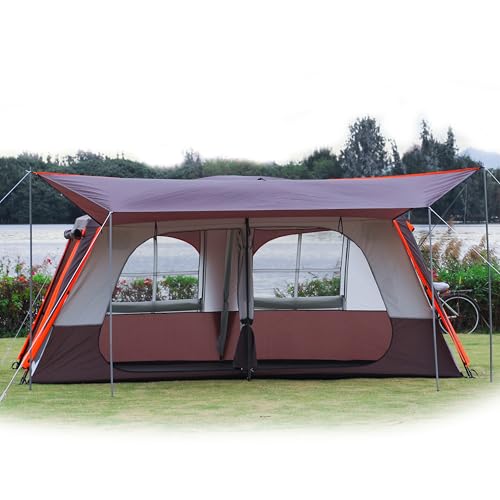 KTT Extra Large Tent 10-12-14 Person(B),Family Cabin Tents,2 Rooms,3 Doors and 3 Windows with Mesh,Straight Wall,Waterproof,Double Layer,Big Tent for Outdoor,Picnic,Camping,Family Gathering