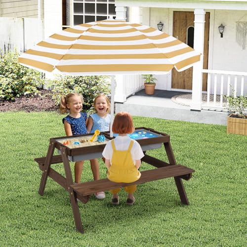Olakids Kids Picnic Table, Outdoor Toddler Wooden Table and Chair Set with Removable Umbrella, Children Activity Furniture Bench Set for Patio Garden Backyard