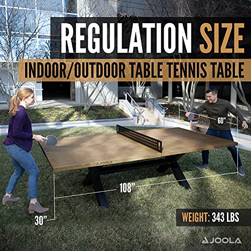 JOOLA Outdoor Table Tennis Table - Multi Use Conference Table Dining Table - Concrete Wood Look Includes Steel Outdoor Ping Pong Net Set & Frame - Hybrid Indoor Outdoor Ping Pong Table
