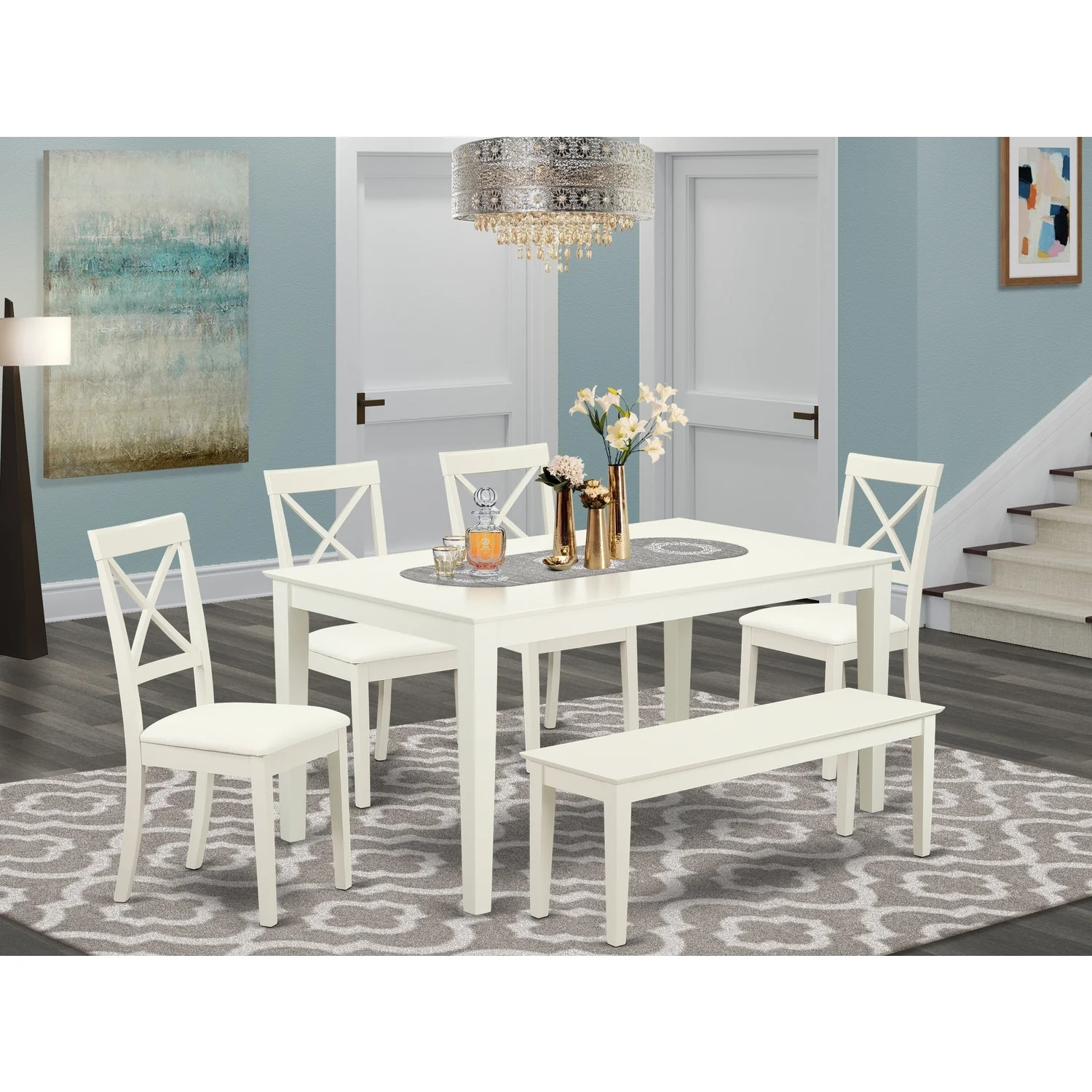 HomeStock Coastal Cottage 6 Piece Dining Room Set For 6 Set-Dining Table And 4 Dining Chairs Plus One Bench In Linen White