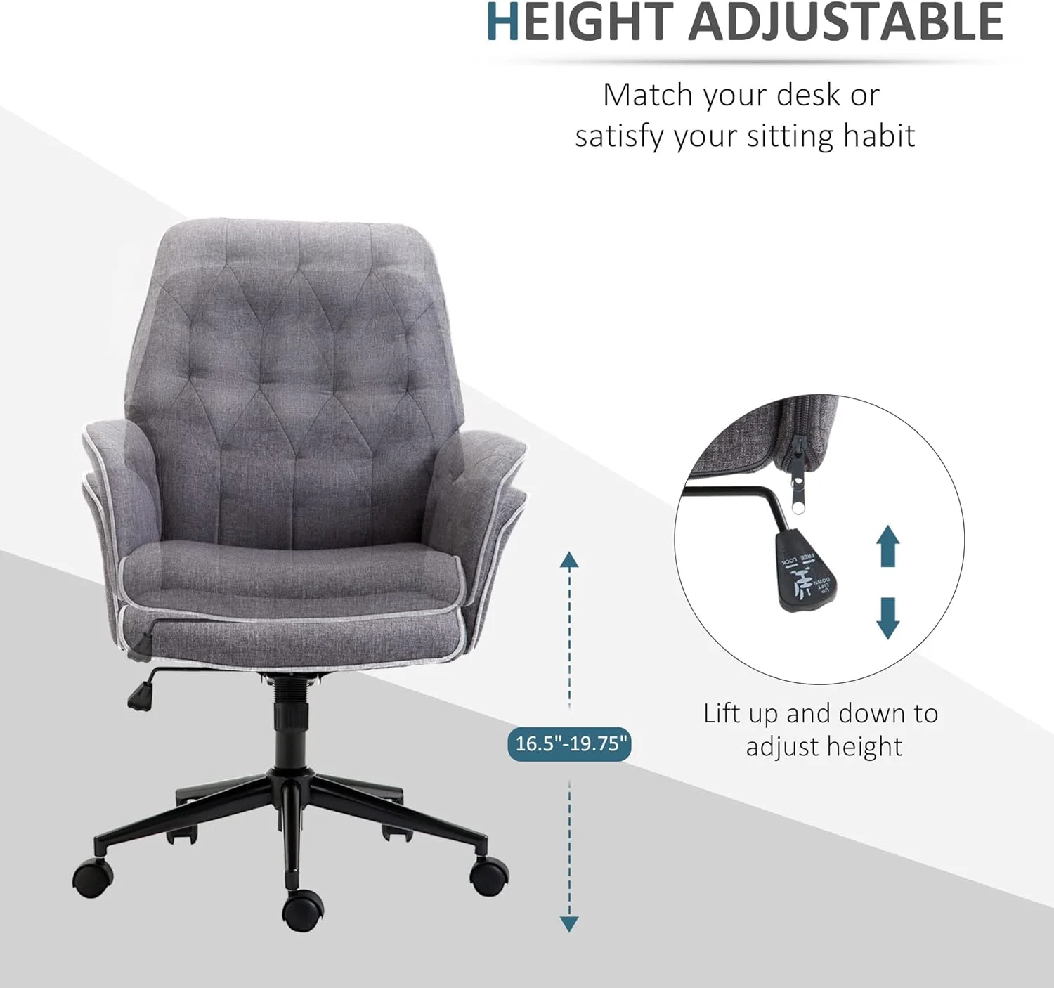 Vinsetto Linen Home Office Chair, Tufted Height Adjustable Computer Desk Chair With Swivel Wheels And Padded Armrests, Dark Gray