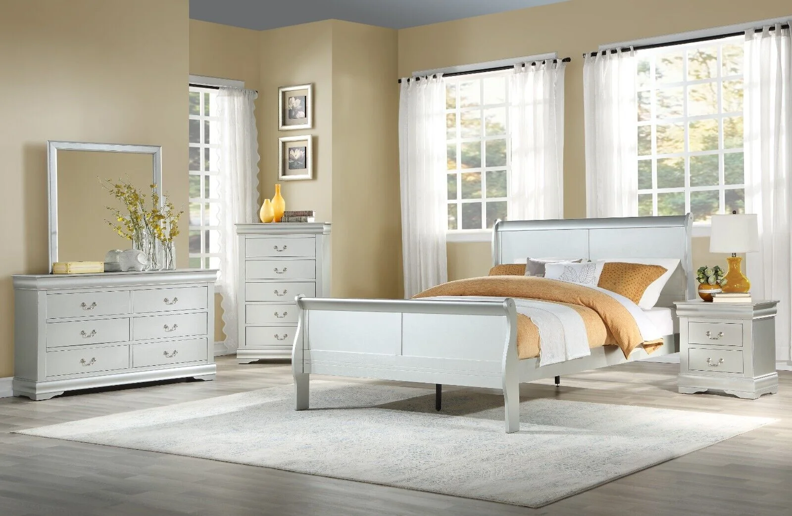 Louis Phillippe Style Transitional Bedroom 5pc Set Twin Bed Dresser Chest Nightstand Mirror Platinum Finish Furniture