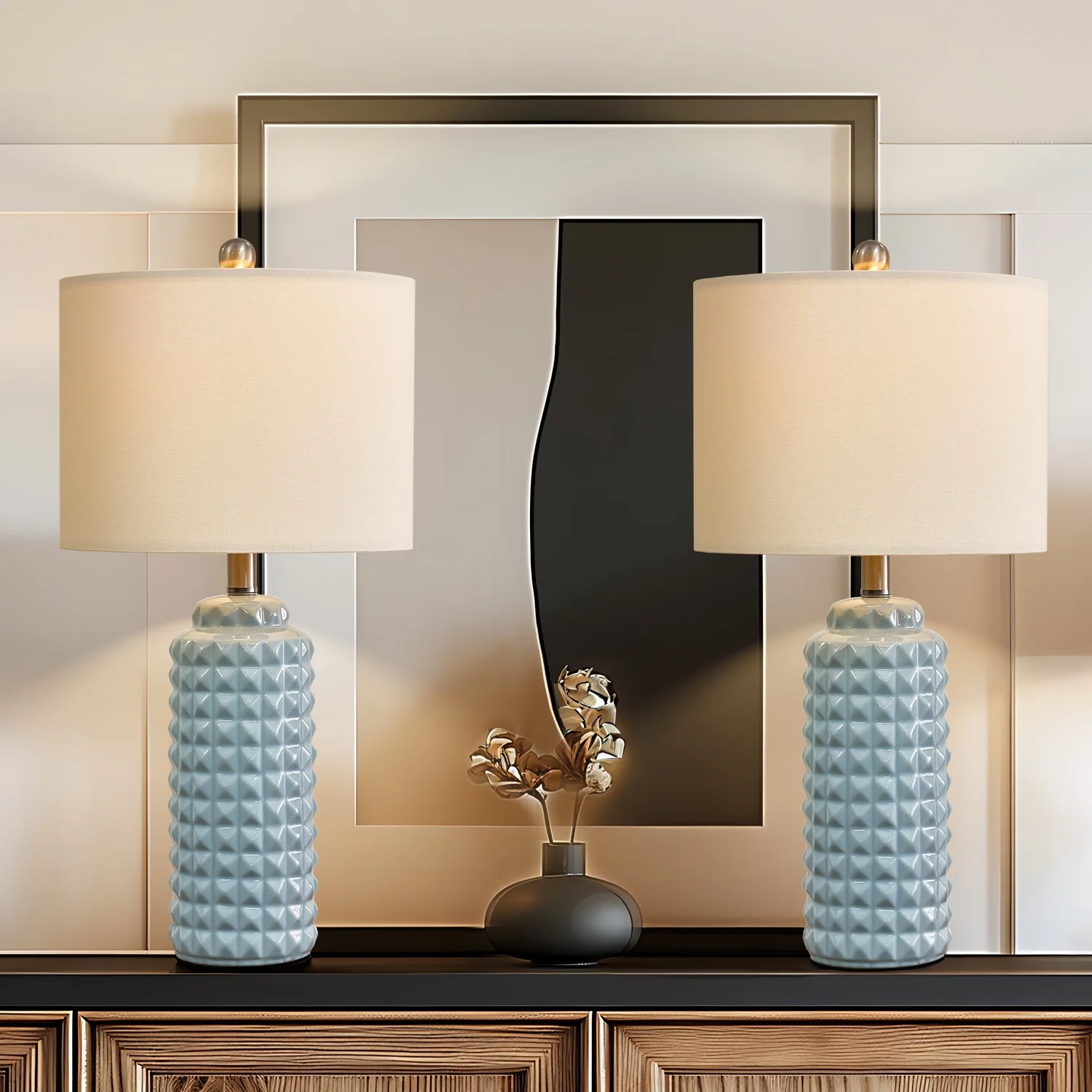 Oneach Contemporary Ceramic Table Lamp for Living Room Bedroom Light Blue 24.5