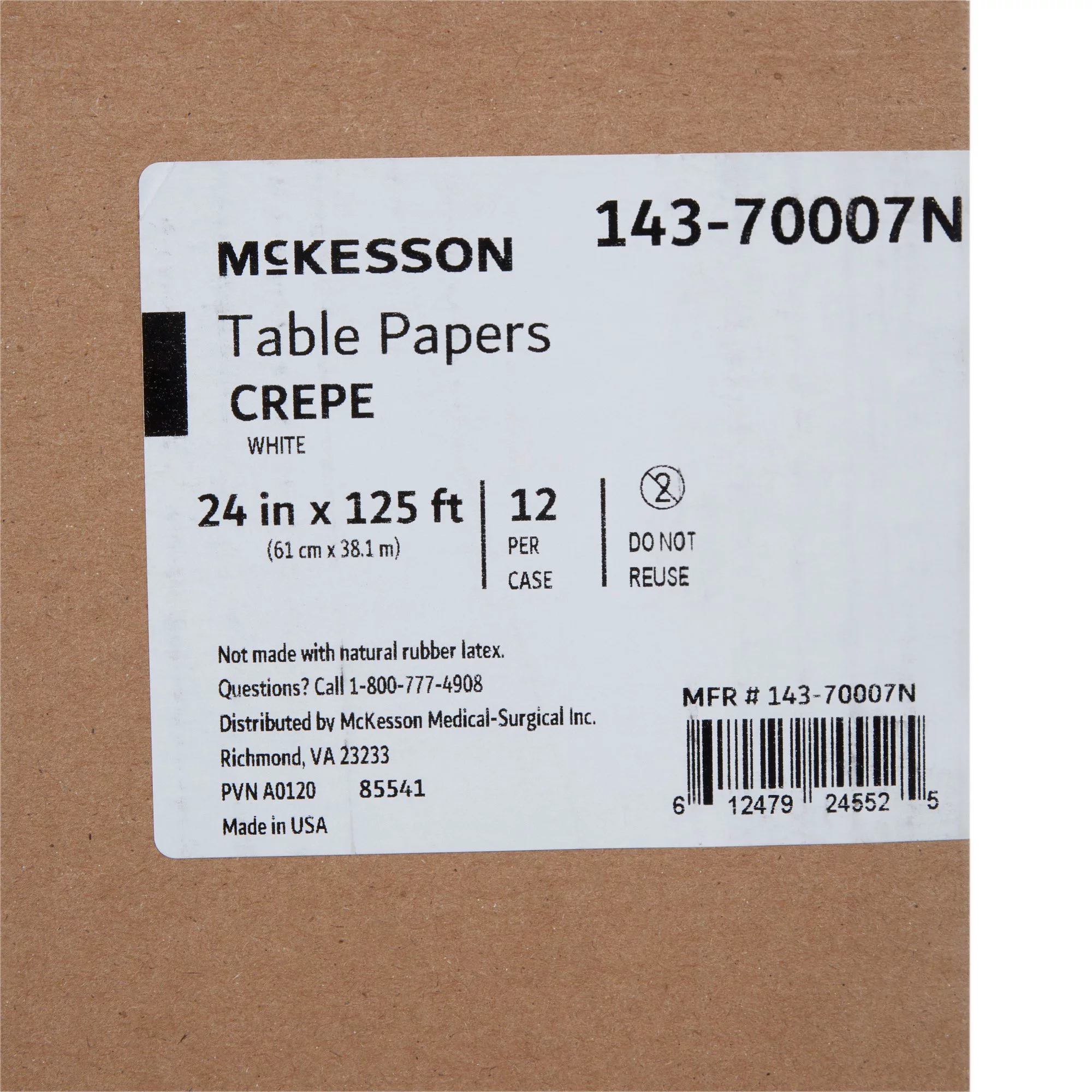 McKesson Table Paper White Crepe 24'' W x 125' L 12 Rolls