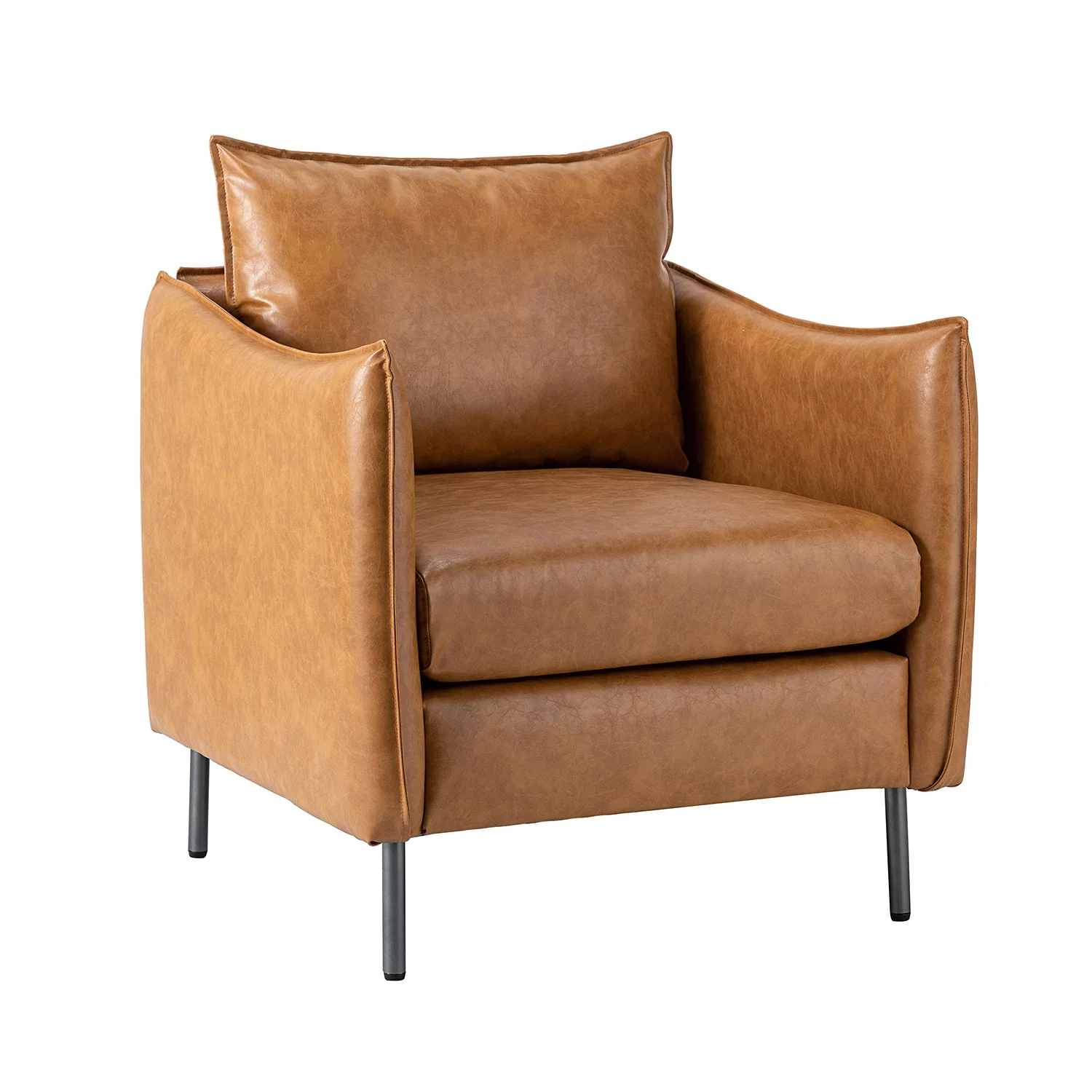 Vegan Leather Upholstered Accent Chair Lounge Armchair Sofa Moveable Cushion Metal Legs Reception Bedroom Camel