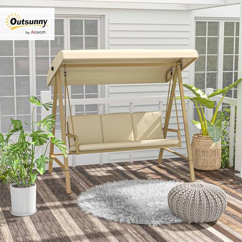 Outsunny 3-Seat Outdoor Porch Swing with Stand, Heavy Duty Patio Swing Chair with Adjustable Canopy, Removable Cushions, Breathable Mesh Seat for Garden, Backyard, and Poolside, Beige