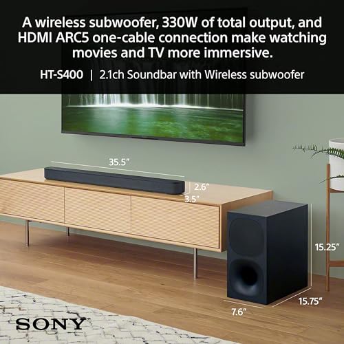 Sony HT-S400 2.1ch Soundbar with Powerful Wireless subwoofer, S-Force PRO Front Surround Sound, and Dolby Digital, Black