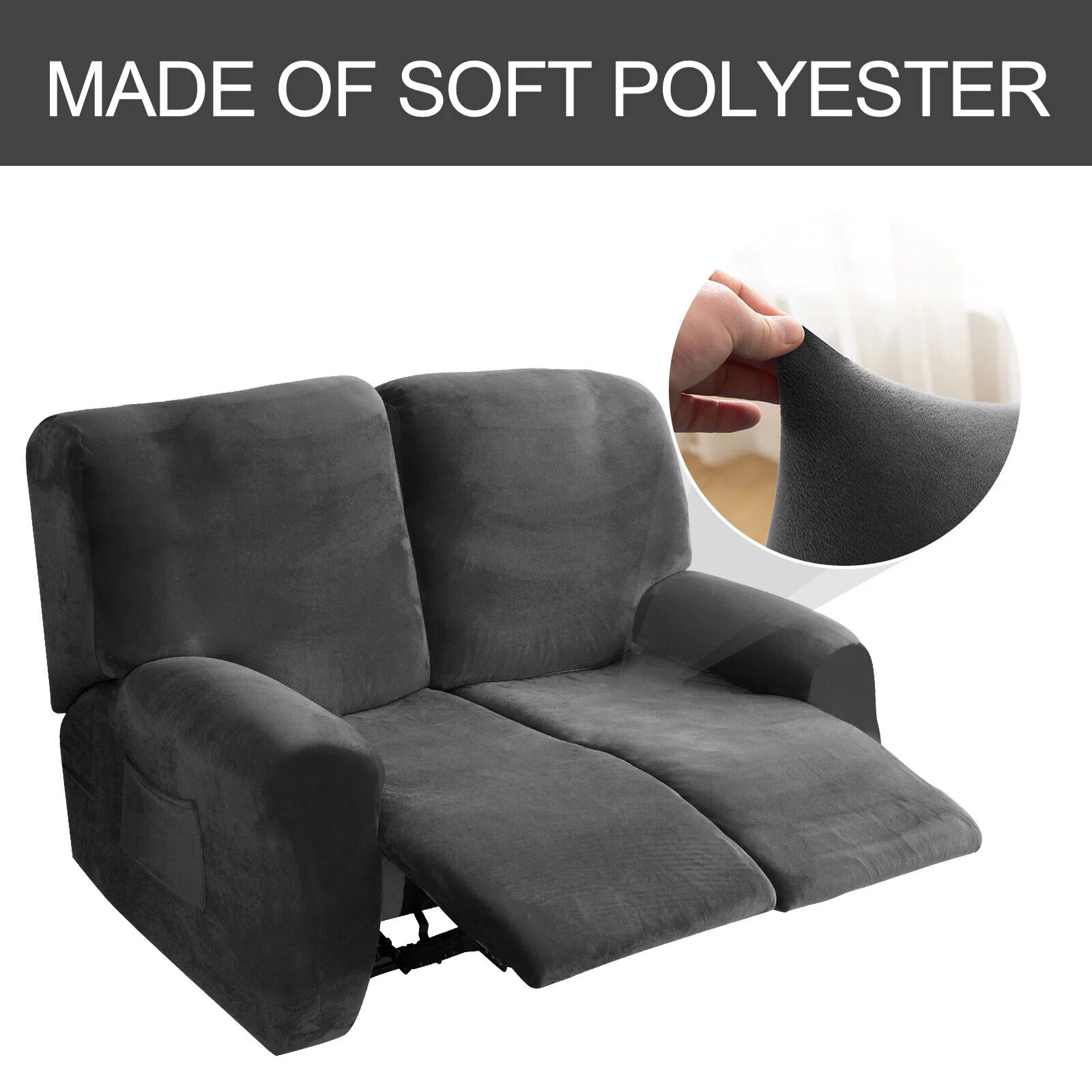 Stretch Recliner Loveseat Cover, 6 Pieces 2-Seater Sofa Slipcovers Non-slip Recliner Cover with Pocket, Dark Grey