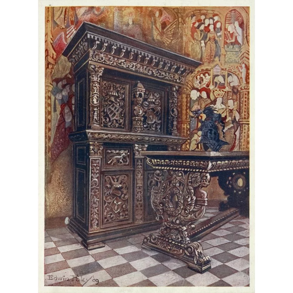 Edwin Foley 14x18 Gold Ornate Wood Frame and Double Matted Museum Art Print Titled - Carved Oak Armoire, Carved Oak Table (1910 - 1911)