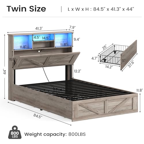 AOGLLATI Full Size Bed Frame with 4 Storage Drawers and Natural Rattan 2-Tier Bookcase Hidden Headboard, Boho Led Bed Frame Full Size with Charging Station, No Box Spring Needed, Wood
