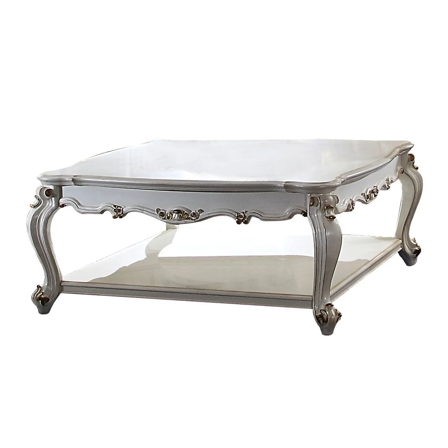 Benjara Traditional Scalloped Top Coffee Table with Queen Anne Legs, Antique White