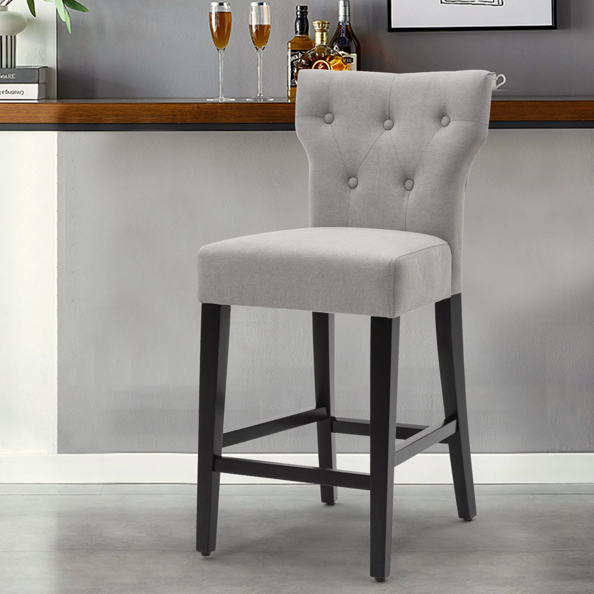 Modern Counter Height Wood and Fabric Bar Chair, Tall Wingback Style Bar Stool, Set of 2, Gray