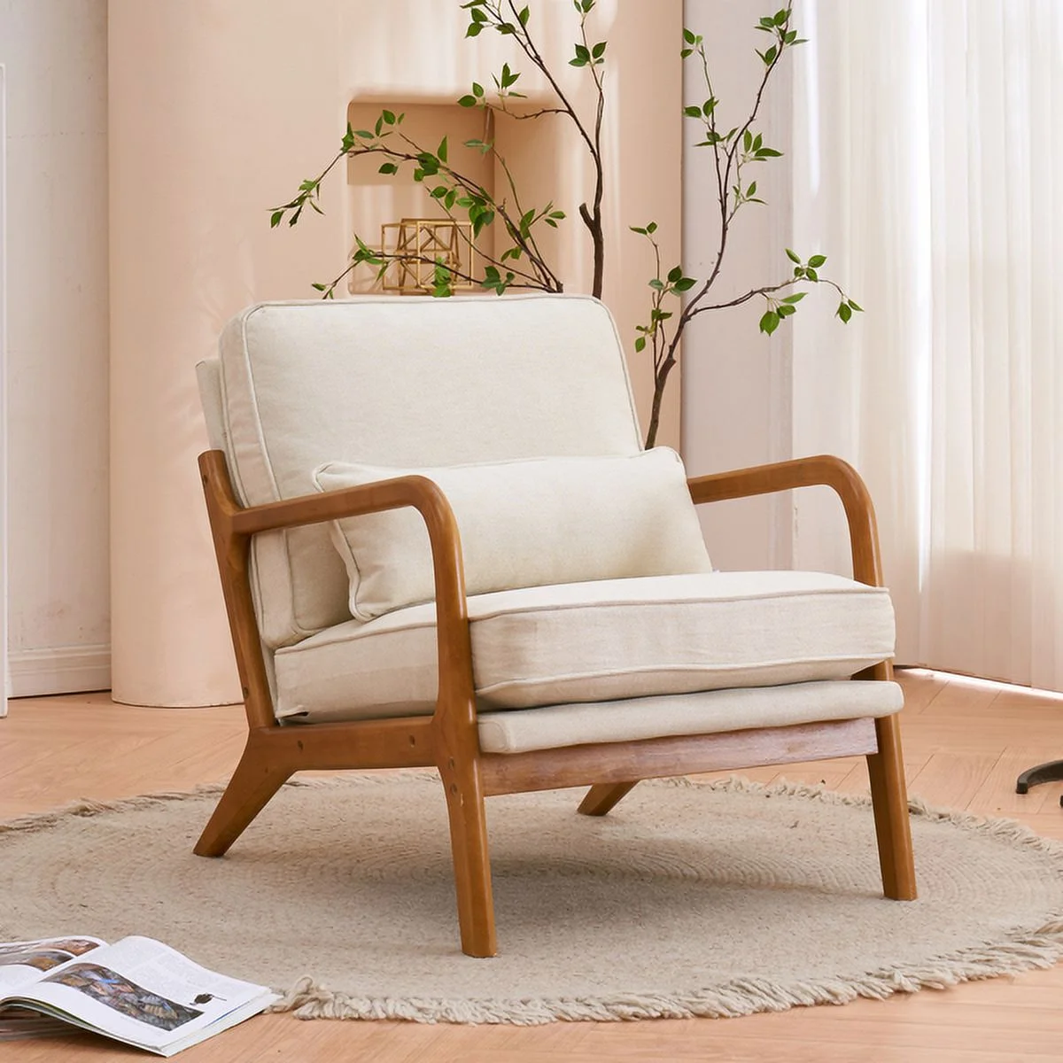 SYTHERS Mid-Century Modern Accent Chair with Lumbar Pillow, Upholstered Armchair Wood Frame Sofa Armchair for Living Room, Bedroom, Balcony, Beige