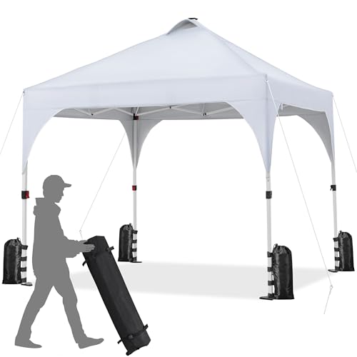 Yaheetech 10x10ft Pop-Up Canopy Tent with 17 Solar LED Lights, Outdoor Garden Gazebo, Ez Set-up Instant Sun Shelter Tent w/Wheeled Bag, 4 Sandbags, Ropes & 12 Stakes for Parties, Beach, Camping, White