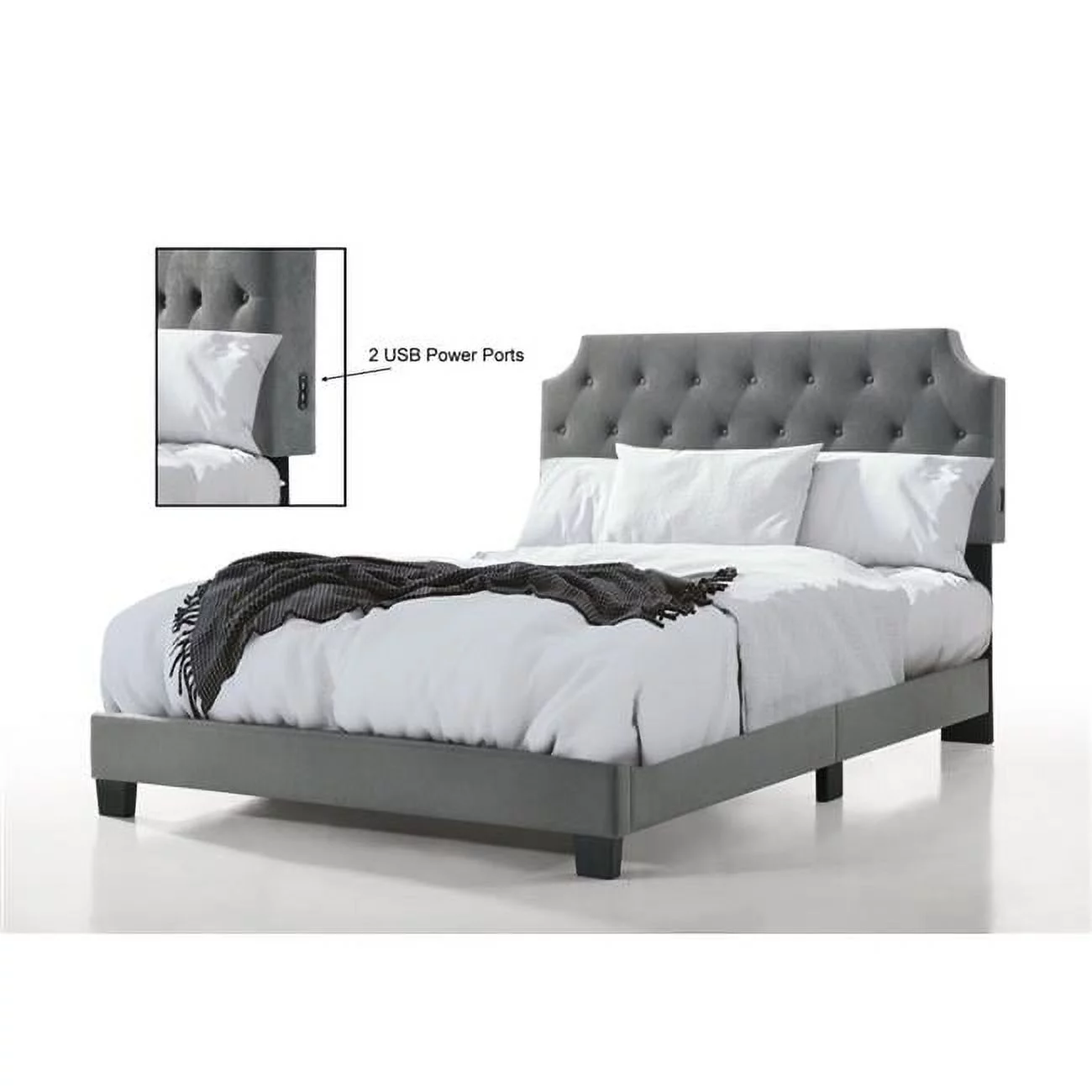 Belle Isle Furniture CSB61-0C00 Regal Velvet Bed with USB Power Connection, Grey - Twin Size