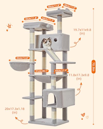 Taoqimiao Cactus Cat Tree, 71-Inch Cat Tower for Indoor Cats Large Adult, Multi-Level Large Cat Condo, 8 Sisal Scratching Posts, Metal Frame Cozy Hammock, Scratch Board, 2 Top Perches, MSC026L