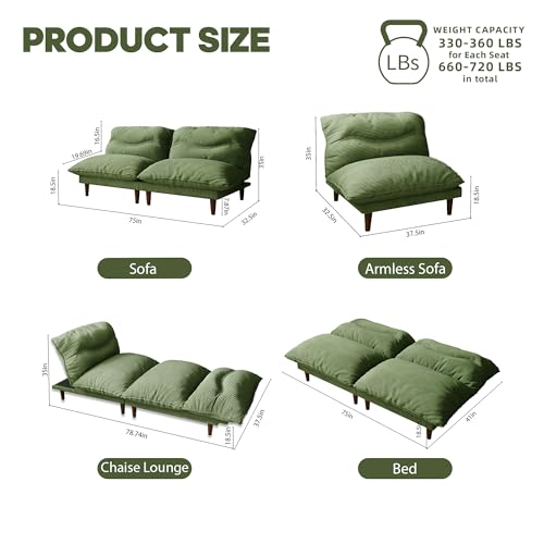 Futon Sofa Bed, 4 in 1 Multi-Functional Futon Couch with Adjustable Backrest, 75 inch Convertible Sleeper Sofa Bed and Recliner Lounge, Corduroy Loveseat for Living Room, Apartment, Green