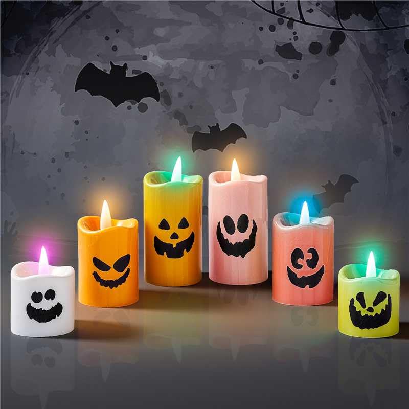 WDS WONDROUS Halloween Decor Flameless Candles Set of 6 – Color Changing Ceramic Battery Operated LED Tealight Candles Flickering Ghost Face for Home Decoration, Table, Indoor – Batteries Included