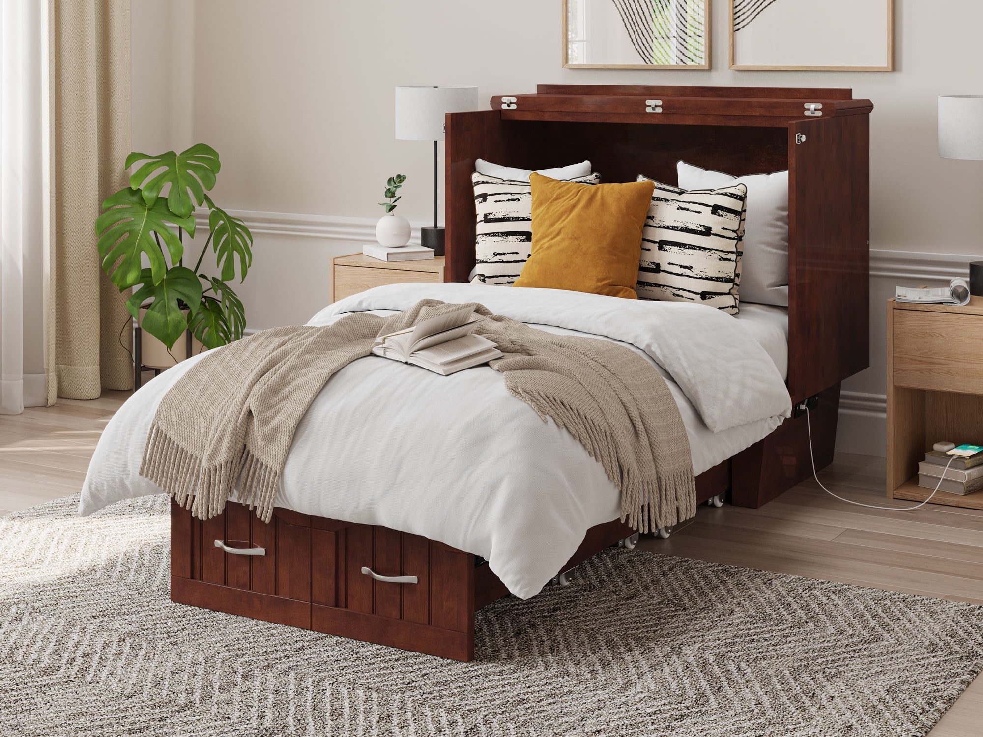 AFI Sydney Twin Solid Wood Murphy Bed Chest with Mattress, Drawer & Charger, Walnut