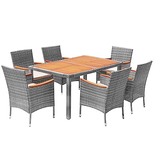 Devoko Outdoor Patio Dining Sets 9 Pieces Wicker Outdoor Dining Table and Chairs Set with Acacia Wood Table Top and Widened Armrests for Backyard, Garden, Deck (Black)