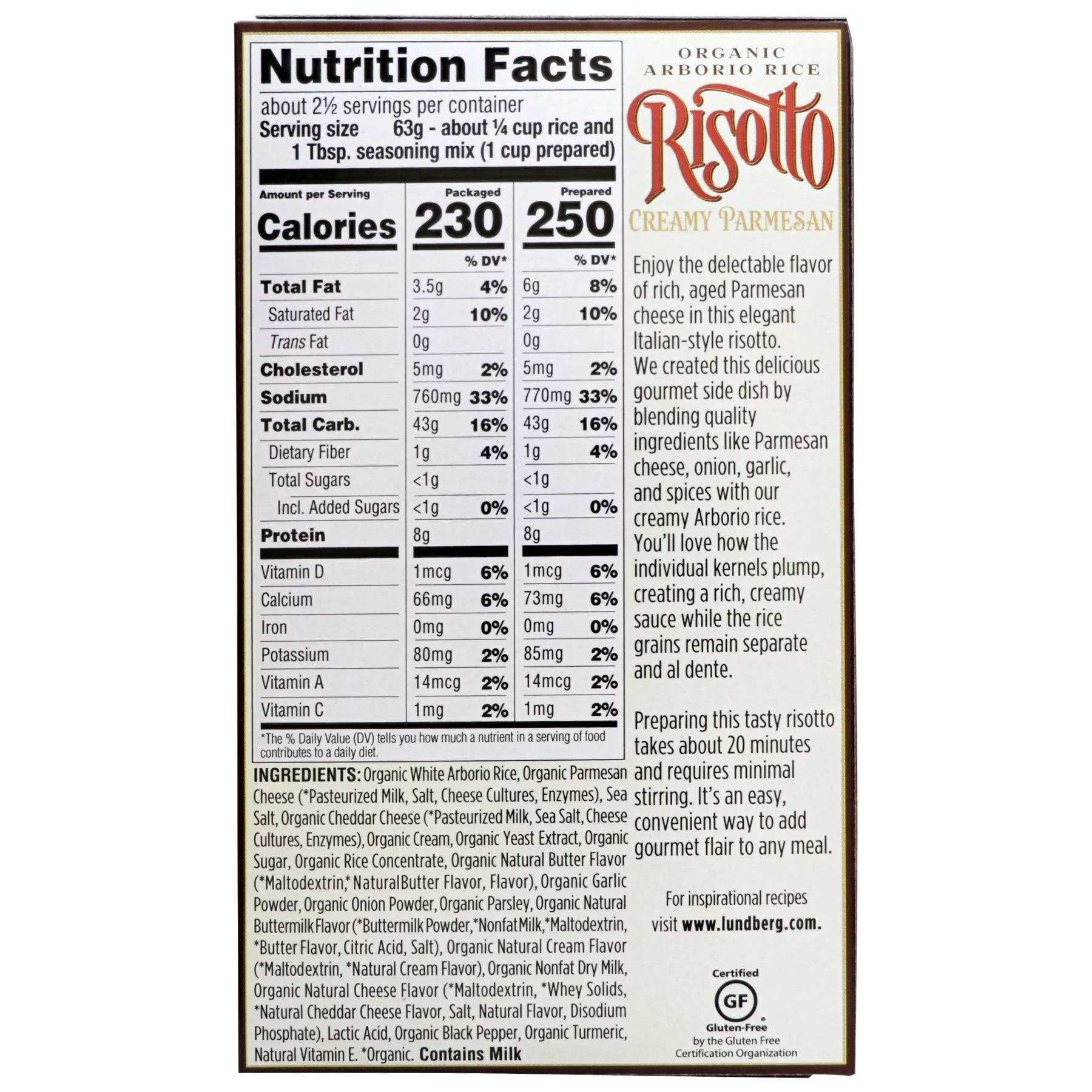 Lundberg Family Farms - Organic Arborio Rice Risotto, Creamy Parmesan, Convenient Side Dish, 20 Minute Cook Time, Pantry Staple, Non-GMO, Gluten-Free, USDA Certified Organic (5.5 oz, 6-Pack)