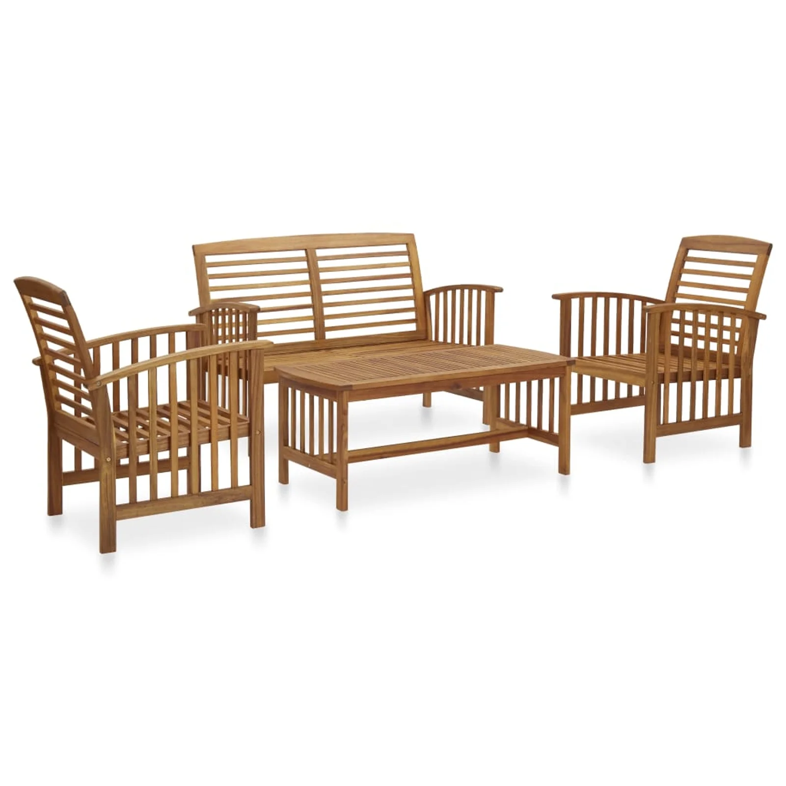 moobody Set of 4 Wooden Garden Conversation Set 2 Chairs with Garden Bench and Coffee Table Acacia Wood Sectional Outdoor Furniture Set for Patio, Backyard, Balcony