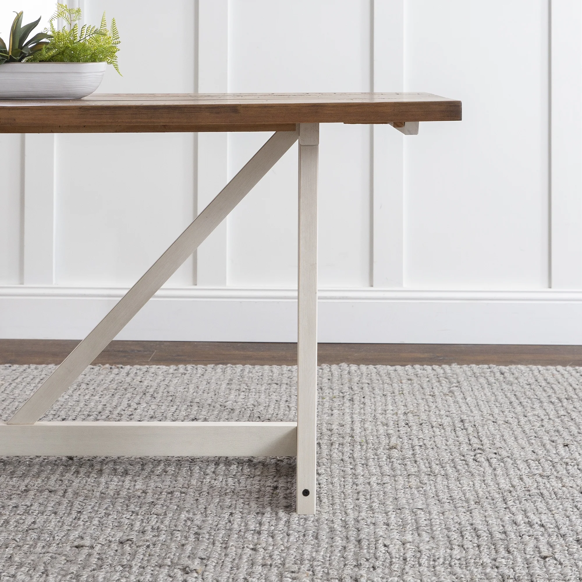 Walker Edison Modern Solid Wood Trestle Dining Table, Rustic Oak/White