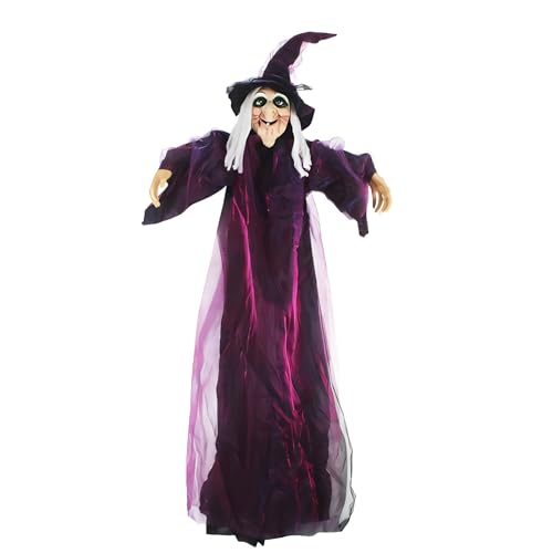 Halloween Hanging Witch Decorations Outdoor 5.3 FT Life Size Animated Hanging Talking Witch with Sound Activation and Red Eyes for Outdoor Indoor Party Haunted House Props