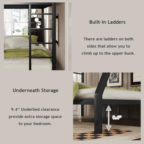 Heavy Duty Bunk Bed Frame with Ladder, Twin XL Over Twin XL Bunk Beds with Safety Guardrails, Adults Bunk Beds with Noise-Reducing Rubber Stoppers, Easy Assemble, Black