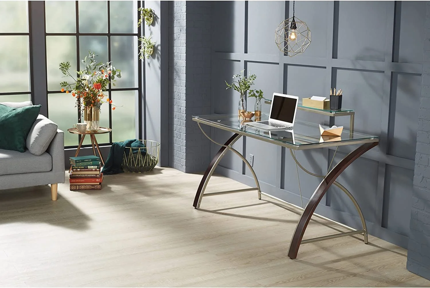 RUNFAYBIU ® Axley 55"W Glass Computer Desk  Cherry/Silver