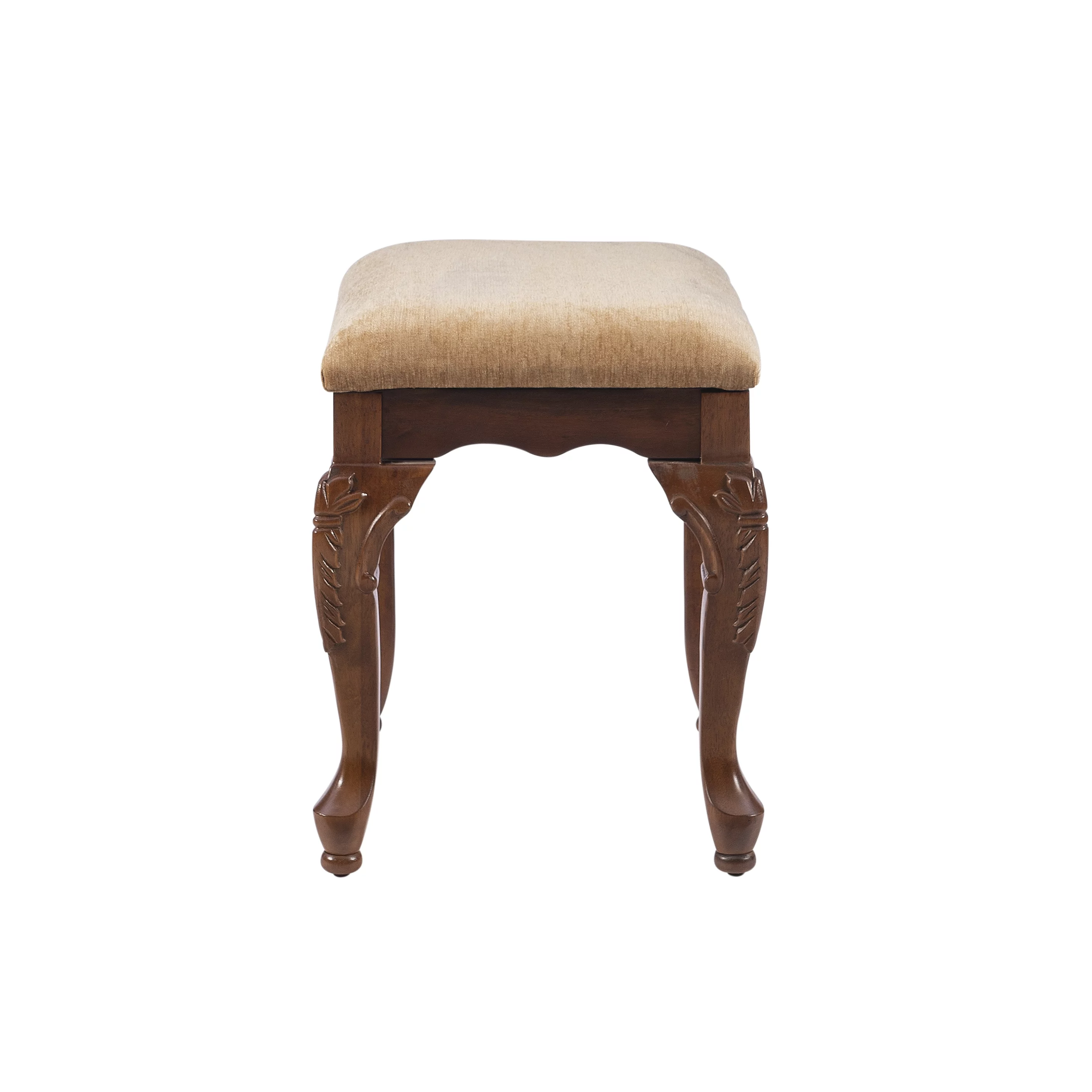Nelson Upholstered Vanity Bench, Lightly Distressed Deep Cherry Base with Beige Chenille Fabric