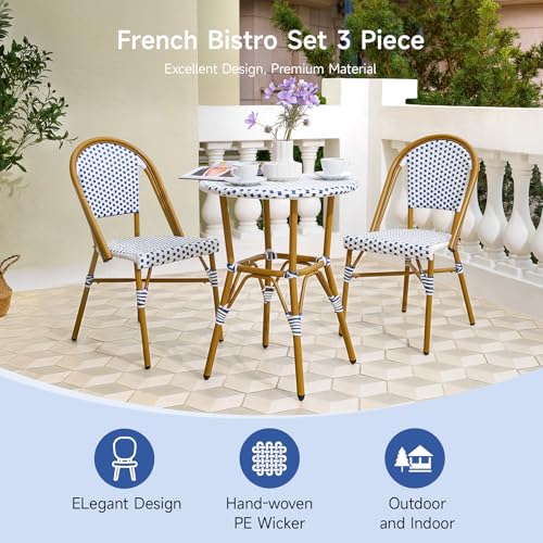 3 Piece Patio Bistro Set, French Wicker Outdoor Bistro Set with Round Table and 2 Dining Chairs, ‎Aluminum Furniture, All Weather Outdoor Patio Set for Garden Balcony Cafes Yard, Navy and White