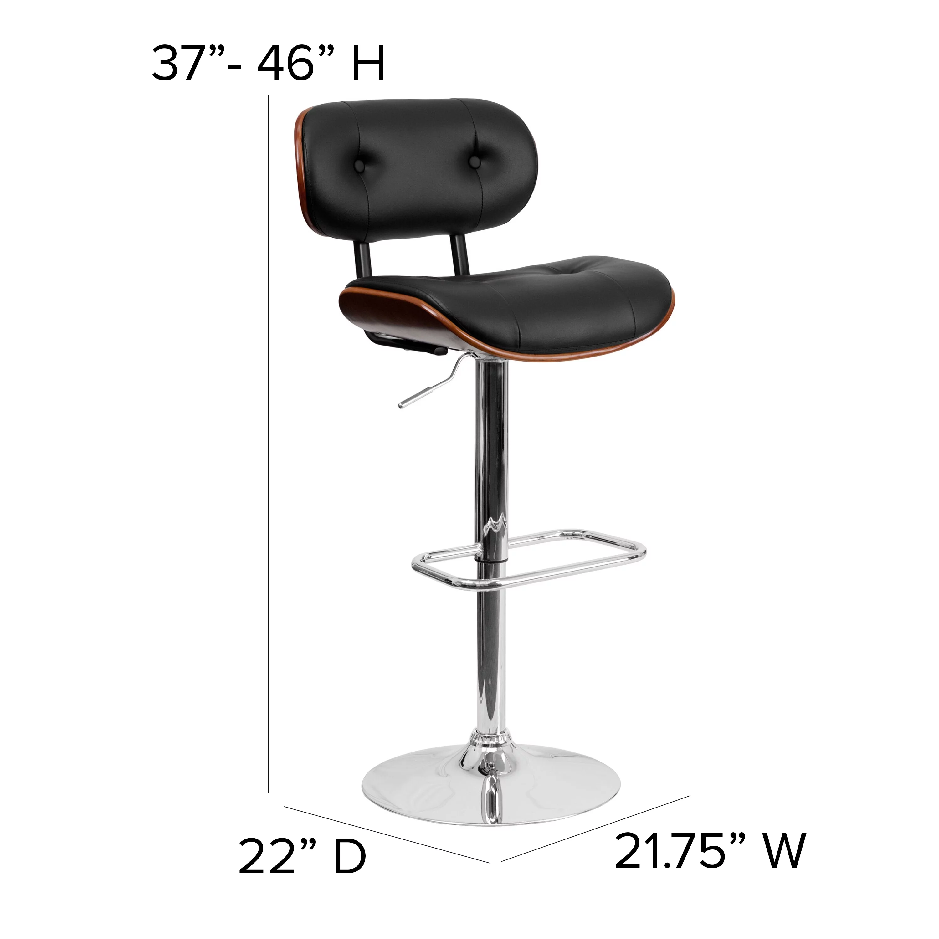 Flash Furniture Walnut Bentwood Adjustable Height Barstool with Button Tufted Black Vinyl Seat