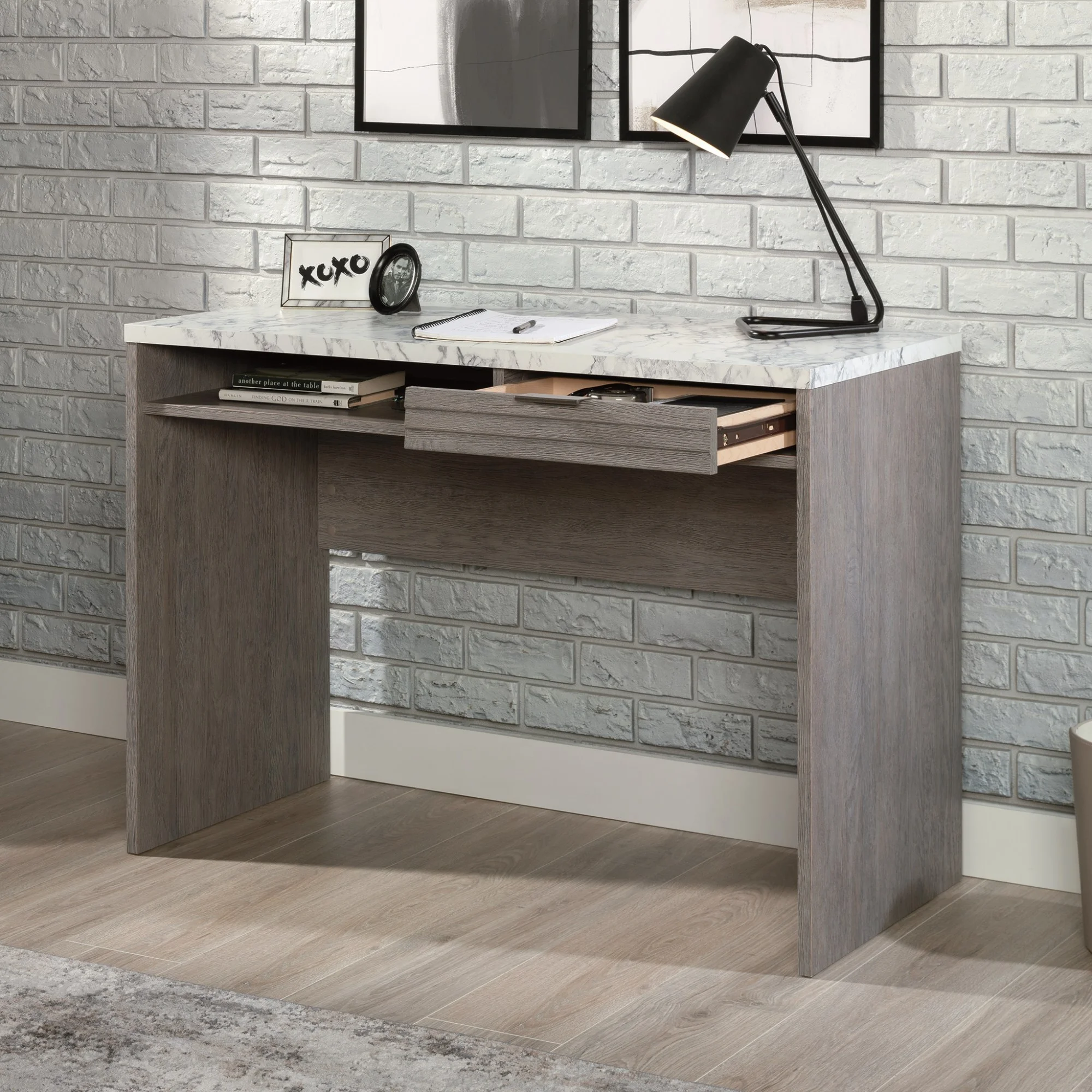 Sauder East Rock Engineered Wood Writing Desk in Ashen Oak Finish