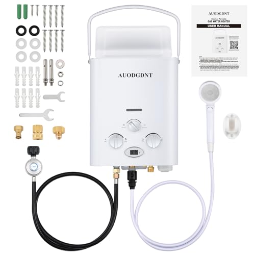 Portable Propane Tankless Water Heater 1.58 GPM, Lightweight Instant Hot Water Heater with LED Display and 3-Mode Shower Head, Suitable for RV Camping Shower, 6L