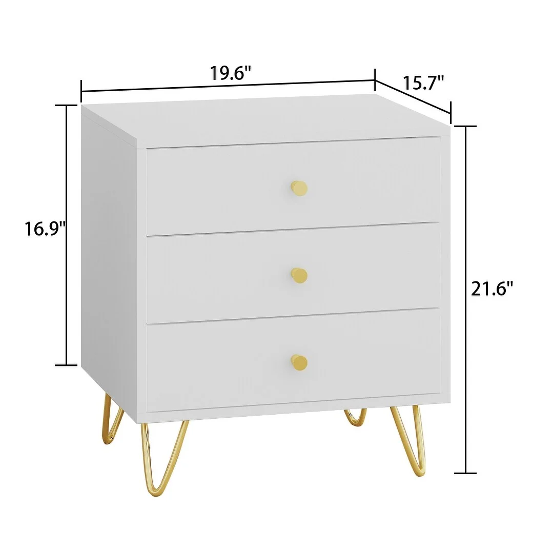 TMEKEEPER INC-FC Timechee Nightstand Bedside Table Wood 3-Drawer with Metal Leg, White