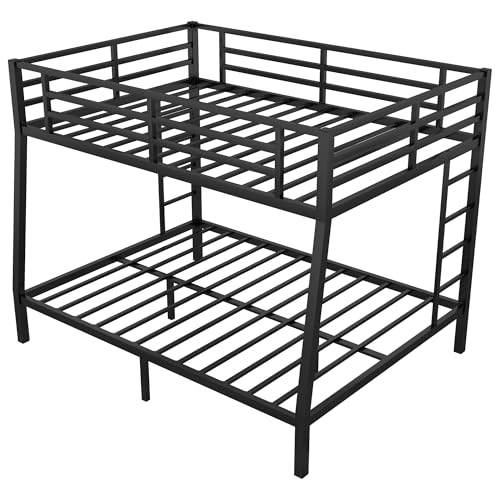 Heavy Duty Bunk Bed Frame with Ladder, Twin XL Over Twin XL Bunk Beds with Safety Guardrails, Adults Bunk Beds with Noise-Reducing Rubber Stoppers, Easy Assemble, Black
