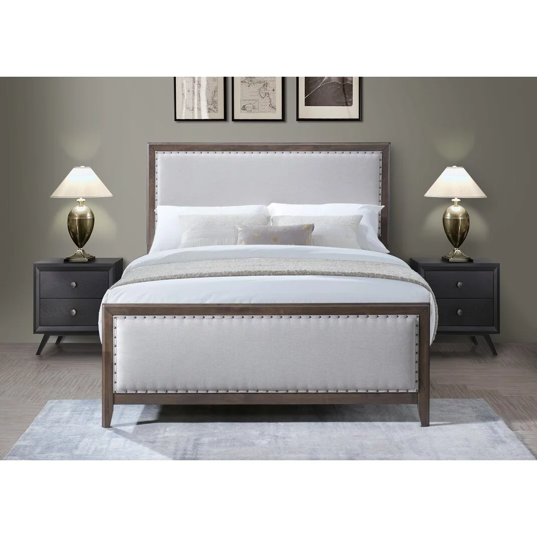 DG Casa Jessese Natural Solid Wood Upholstered Nailhead Trim Adjustable Platform Bed Queen