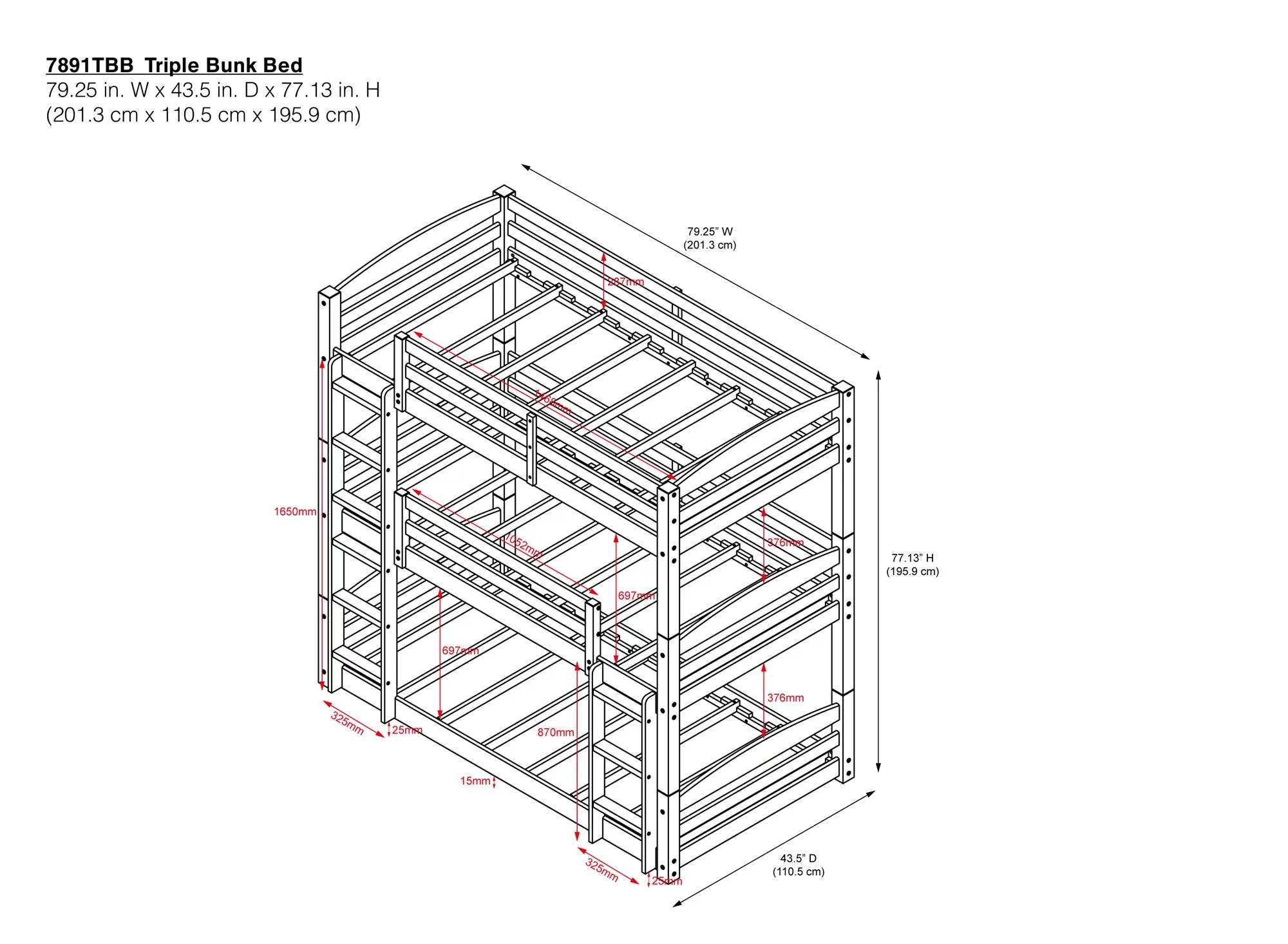 Better Homes & Gardens Tristan Kids' Convertible Triple Bunk Bed, Twin Over Twin Over Twin, White