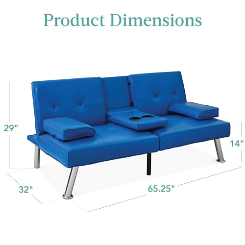 Best Choice Products Faux Leather Upholstered Modern Convertible Futon, Adjustable Folding Sofa Bed, Guest Bed w/Removable Armrests - Blue